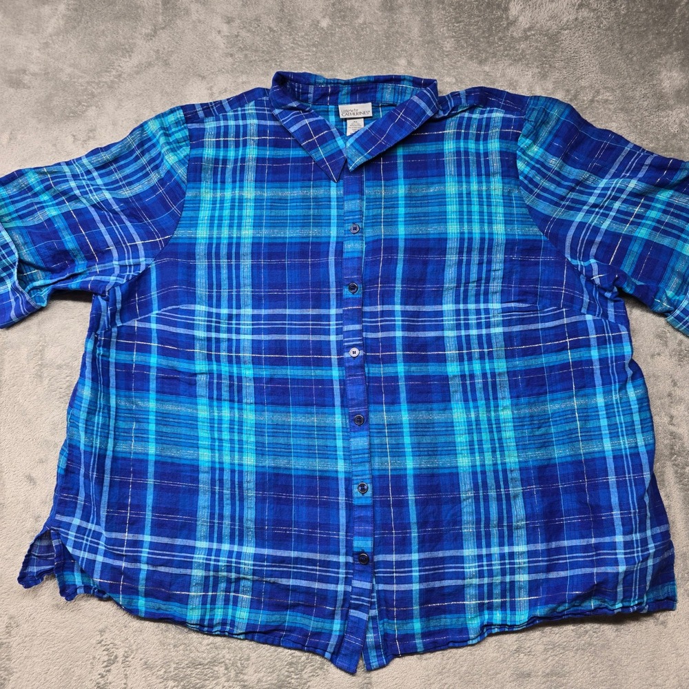 Liz&Me‎ Catherines Blue Plaid Metallic Button Down Shirt Womens 3XL Linen Blend